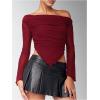 image:imageMakeMeChic Womens One Shoulder Ruched Asymmetrical Long Sleeve Y2K Tee Shirt Crop TopsBurgundy