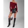 image:imageMakeMeChic Womens One Shoulder Ruched Asymmetrical Long Sleeve Y2K Tee Shirt Crop TopsBurgundy