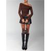 image:imageMakeMeChic Womens One Shoulder Ruched Asymmetrical Long Sleeve Y2K Tee Shirt Crop TopsCoffee Brown