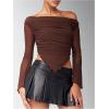 image:imageMakeMeChic Womens One Shoulder Ruched Asymmetrical Long Sleeve Y2K Tee Shirt Crop TopsCoffee Brown