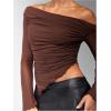 image:imageMakeMeChic Womens One Shoulder Ruched Asymmetrical Long Sleeve Y2K Tee Shirt Crop TopsCoffee Brown