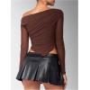 image:imageMakeMeChic Womens One Shoulder Ruched Asymmetrical Long Sleeve Y2K Tee Shirt Crop TopsCoffee Brown