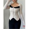 image:imageMakeMeChic Womens Square Neck Long Sleeve T Shirt Color Block Button Rib Knitted Tee TopsMulticolor