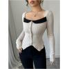 image:imageMakeMeChic Womens Square Neck Long Sleeve T Shirt Color Block Button Rib Knitted Tee TopsMulticolor