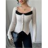 image:imageMakeMeChic Womens Square Neck Long Sleeve T Shirt Color Block Button Rib Knitted Tee TopsMulticolor