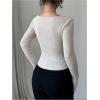 image:imageMakeMeChic Womens Square Neck Long Sleeve T Shirt Color Block Button Rib Knitted Tee TopsMulticolor