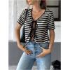 image:imageMakeMeChic Womens Striped Tee Shirt Short Sleeve Tie Front V Neck Summer Going Out Crop TopsBlack and White