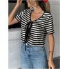 image:imageMakeMeChic Womens Striped Tee Shirt Short Sleeve Tie Front V Neck Summer Going Out Crop TopsBlack and White
