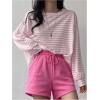 image:imageMakeMeChic Womens Striped Tops Long Sleeve Crew Neck Multi Ribbed Shirts Casual Pullover ShirtsPink