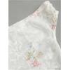 image:imageMakeMeChic Womens Summer Floral Lace Crop Tops Asymmetrical Neck Mesh Ruched T ShirtApricot