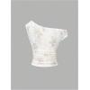 image:imageMakeMeChic Womens Summer Floral Lace Crop Tops Asymmetrical Neck Mesh Ruched T ShirtApricot