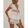 image:imageMakeMeChic Womens Summer Floral Lace Deep V Neck Tee Tops Short Sleeve Ruffle T ShirtWhite