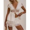 image:imageMakeMeChic Womens Summer Floral Lace Deep V Neck Tee Tops Short Sleeve Ruffle T ShirtWhite