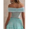 image:imageMakeMeChic Womens Summer Off The Shoulder Crop Tops Metal Decor Ruched Short Sleeve T ShirtBlue
