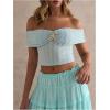 image:imageMakeMeChic Womens Summer Off The Shoulder Crop Tops Metal Decor Ruched Short Sleeve T ShirtBlue