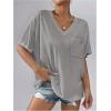 image:imageMakeMeChic Womens T Shirts 2025 Short Sleeve V Neck Shirt Basic Fit Summer Beach Casual Tee Tops with PocketGrey