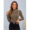 image:imageMakeMeChic Womens Turtle Necks Tops Striped Basic Long Sleeve Top Tee ShirtDrak Brown
