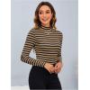 image:imageMakeMeChic Womens Turtle Necks Tops Striped Basic Long Sleeve Top Tee ShirtDrak Brown