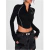 image:imageMakeMeChic Womens Y2k Mock Neck Half Zip T Shirt Long Sleeve Crop Tops StreetwearBlack
