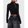 image:imageMakeMeChic Womens Y2k Mock Neck Half Zip T Shirt Long Sleeve Crop Tops StreetwearBlack