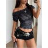 image:imageMakeMeChic Womens Y2k Striped Asymmetrical Neck T Shirt Short Sleeve Tee Crop TopsBlack