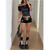 image:imageMakeMeChic Womens Y2k Striped Asymmetrical Neck T Shirt Short Sleeve Tee Crop TopsBlack