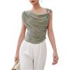 image:imageMakeMeChic Womens Asymmetrical Neck Tee Shirt Draped Front Ruched Cap Sleeve TopGrey