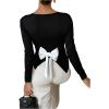 image:imageMakeMeChic Womens Bow Back Crew Neck Blouse Long Sleeve Work Office Dressy TopsBlack and White