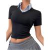 image:imageMakeMeChic Womens Collar Short Sleeve Crop Tops Y2K 2 in 1 Summer Office Tee ShirtBlack