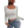image:imageMakeMeChic Womens Crop Tops Scoop Neck Ruched Tie Side Drawstring Knit Y2k T Shirt Fall ClothesGrey