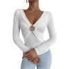 image:imageMakeMeChic Womens Deep V Neck Tee Tops Metal Floral Ruched Long Sleeve Work Office T ShirtWhite