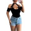 image:imageMakeMeChic Womens Elegant Floral Halter Neck T Shirt Cold Shoulder Short Sleeve Fitted Tee TopsBlack