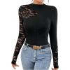 image:imageMakeMeChic Womens Floral Lace Long Sleeve Mock Neck Rib Knitted Asymmetrical Tee Shirt TopsBlack