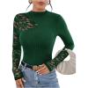 image:imageMakeMeChic Womens Floral Lace Long Sleeve Mock Neck Rib Knitted Asymmetrical Tee Shirt TopsDark Green