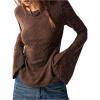 image:imageMakeMeChic Womens Lace Bell Sleeve T Shirt Crew Neck Textured Vintage Tee TopsBrown