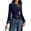 image:imageMakeMeChic Womens Lace Bell Sleeve Tops Asymmetrical Shirts Business Casual Outfit BlousesBlue
