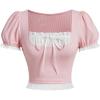 image:imageMakeMeChic Womens Lace Bow Front Puff Sleeve Tee Square Neck Cute Crop TopsPink
