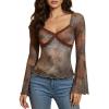 image:imageMakeMeChic Womens Mesh Lace Tops V Neck Long Sleeve Shirts Trim Y2k Going Out Party Tee ShirtsMulticolor