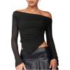 image:imageMakeMeChic Womens One Shoulder Ruched Asymmetrical Long Sleeve Y2K Tee Shirt Crop TopsBlack