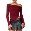 image:imageMakeMeChic Womens One Shoulder Ruched Asymmetrical Long Sleeve Y2K Tee Shirt Crop TopsBurgundy