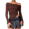 image:imageMakeMeChic Womens One Shoulder Ruched Asymmetrical Long Sleeve Y2K Tee Shirt Crop TopsCoffee Brown