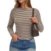 image:imageMakeMeChic Womens Striped Boat Neck T Shirt Long Sleeve Knit Going Out TopsBrown