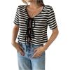 image:imageMakeMeChic Womens Striped Tee Shirt Short Sleeve Tie Front V Neck Summer Going Out Crop TopsBlack and White