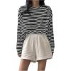 image:imageMakeMeChic Womens Striped Tops Long Sleeve Crew Neck Multi Ribbed Shirts Casual Pullover ShirtsBlack and White