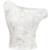 image:imageMakeMeChic Womens Summer Floral Lace Crop Tops Asymmetrical Neck Mesh Ruched T ShirtApricot