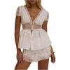 image:imageMakeMeChic Womens Summer Floral Lace Deep V Neck Tee Tops Short Sleeve Ruffle T ShirtWhite