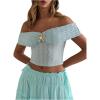 image:imageMakeMeChic Womens Summer Off The Shoulder Crop Tops Metal Decor Ruched Short Sleeve T ShirtBlue