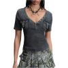 image:imageMakeMeChic Womens Y2k Deep V Neck T Shirt Tops Button Down Buckle Short Sleeve Fitted TeeBlack