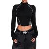image:imageMakeMeChic Womens Y2k Mock Neck Half Zip T Shirt Long Sleeve Crop Tops StreetwearBlack