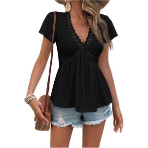 image:imageMakeMeChic Boho Tops V Neck T Shirts Lace Trim Short Sleeve Summer Tunic Top Flowy Casual BlousesBlack